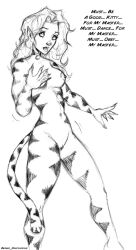 begbierentonspud bottomless breasts cat_girl collar dancing elf_ears empty_eyes expressionless female_only femsub furry good_sub_conditioning greyscale long_hair maledom mantra marvel_comics monochrome nude solo super_hero text the_avengers tiger_girl tigra topless traditional western