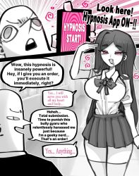  absurdres bald black_hair breasts clothed comic dialogue drool english_text femsub humor hypnotic_app large_breasts long_hair maledom omeok911 open_mouth original phone saluting skirt speech_bubble spiral spiral_eyes symbol tech_control text thighhighs 