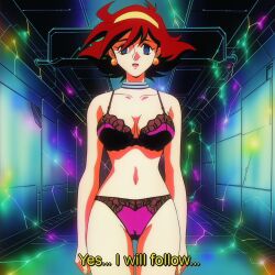  ai_art bra brown_hair cameltoe choker earrings empty_eyes english_text g_gundam gundam_(series) hellsing002_(generator) hypnotic_light midriff panties rain_mikamura subtitled 
