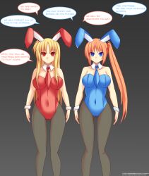  blonde_hair blue_eyes breasts bunny_ears bunnysuit cuffs empty_eyes fake_animal_ears fate_testarossa femsub large_breasts long_hair magical_girl_lyrical_nanoha nanoha_takamachi orange_hair red_eyes standing standing_at_attention text twintails yakai 