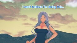 blue_eyes blue_hair breasts clothed dialogue dress english_text female_only karen_(pokemon) mustardsauce pokemon pokemon_(anime) solo text