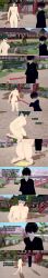 3d absurdres altered_common_sense black_hair breasts brown_eyes clothed dialogue english_text eye_roll femsub glasses green_hair grey_skin jujutsu_kaisen maki_zenin maledom nipples nude open_mouth ponytail red_eyes short_hair text urination violence zenin1