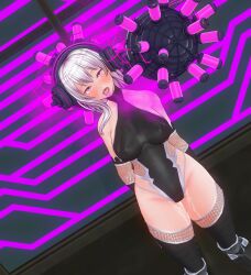  3d blush boots cables custom_maid_3d_2 dfish303 drool empty_eyes erect_nipples_under_clothes eye_roll female_only femsub fishnets grey_hair headphones high_heels hypnotic_gas leotard opera_gloves pink_eyes pussy_juice short_hair standing taimanin_(series) tech_control thigh_boots thighhighs tongue tongue_out 