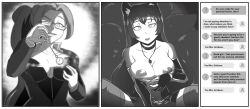  anno_(anno) bra breasts cleavage collar comic earrings female_only femdom femsub fox_ears fox_girl fox_tail glasses greyscale happy_trance jewelry kitsune_girl large_breasts long_hair majinsfw monochrome mrs._erickson_(zko) open_mouth original pocket_watch ponytail red_eyes red_hair smile symbol_in_eyes teacher teacher_dom text trigger underwear user_interface 