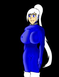 absurdres blue_eyes bodysuit breasts collar drone dungeons_and_dragons empty_eyes kaelin_yamamura_(the_mystic_mage) large_breasts long_hair original ponytail robotization silver standing standing_at_attention tech_control