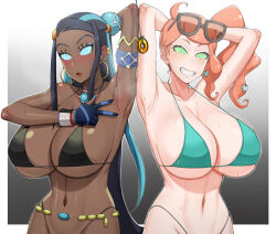  armpits arms_above_head arms_behind_back bikini blush breasts cleavage coin dark_skin earrings female_only femsub glasses glowing glowing_eyes handplug happy_trance huge_breasts jewelry long_hair looking_at_viewer manip misterman4_(manipper) multicolored_hair multiple_girls necklace nessa_(pokemon) nintendo open_mouth pendulum pokemon pokemon_sword_and_shield ponytail smile sonia_(pokemon) spiral_eyes sweat swimsuit symbol_in_eyes 