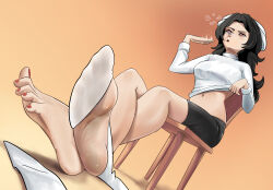 absurdres barefoot black_hair feet female_only femsub foot_focus glatu hair_ribbon lihua_yu_(mindwipe) long_hair midriff navel original ring_eyes shirt_lift sitting socks solo stage_hypnosis sweater undressing