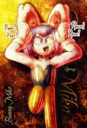  alternate_costume ameerashourdraws bodysuit bunny_boy bunny_ears bunnysuit clothed costume dancing english_text fake_animal_ears happy_trance kirlia male_only malesub miko_(kingnithezorua) nintendo original pet_play pokemon pokemon_(creature) pokemon_ruby_sapphire_and_emerald purple_eyes purple_hair short_hair smile solo text 
