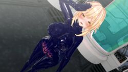  3d blonde_hair blush bodysuit breasts corruption crotch_tattoo custom_maid_3d_2 erect_nipples erect_nipples_under_clothes huge_breasts latex looking_at_viewer open_mouth remilinlin rubber saluting short_hair standing tattoo thick_thighs yellow_eyes 