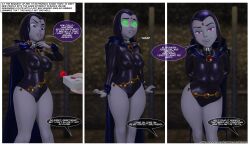 3d before_and_after collar dc_comics dialogue empty_eyes eye_color_change femsub happy_trance large_breasts latinkaixa leotard raven tech_control teen_titans text valentine's_day 