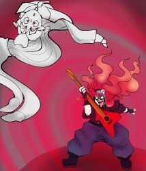  aware clothed eldritch faetomi female_only guitar long_hair multiple_girls music original red_hair tongue tongue_out white_eyes whitewash_eyes 