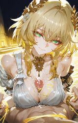 abs aglaea_(honkai_star_rail) ai_art bare_shoulders blonde_hair body_control bottomless breasts cleavage dress faceless_male femdom glowing green_eyes holding_hands honkai_star_rail human_puppet looking_at_viewer male_pov malesub midriff nail_polish nude paizuri penis pov pov_sub puppet rediosw_(generator) restrained short_hair