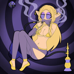  arms_above_head blonde_hair breasts choker collarbone cuffs delicious_in_dungeon earrings eyeshadow femsub hair_ornament harem_outfit hookah jewelry long_hair marcille_donato navel navel_piercing piercing purple_eyes shoes sitting smoking solo spiral_background spiralwash_eyes tagme twin_braids veil zombi62 