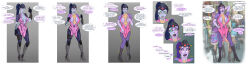absurdres breast_expansion bulge cosplay dialogue diggerman erection eyeshadow fake_breasts genderswap gloves hand_on_hip high_heels makeup malesub masculinization open_mouth original overwatch public_use purple_hair purple_lipstick purple_skin simple_background speech_bubble spiral_eyes tongue_out white_background widowmaker