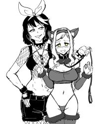  arm_warmers blush cleavage clothed collar collarbone crop_top cuffs fake_animal_ears female_only femdom femsub fingerless_gloves fishnets gloves hair_band hair_ribbon hand_on_hip happy_trance large_breasts leash long_hair majinsfw midriff multicolored_hair natasha_hinoa_(anno) navel original pet_play punk short_hair shorts simple_background smile spiral_eyes tank_top thigh_gap thighhighs thong veronica_nightingale_(majinsfw) whistle white_background wrist_band yellow_eyes 