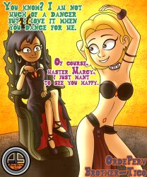  altered_perception amphibia arms_above_head bare_legs black_eyes black_hair bracelet chair collar crossed_legs dancing dialogue disney dress earbuds earrings english_text femsub harem_outfit jewelry legs long_hair marcy_wu ordeper_arts possession sasha_waybright sequence shoes short_hair signature simple_background smile text the_core_(amphibia) thighs 