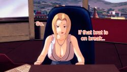 aware blonde_hair breasts brown_eyes clothed dialogue dogdog english_text female_only naruto_(series) solo text tsunade