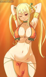  armpits arms_above_head arms_behind_back blonde_hair breasts cleavage dancer fairy_tail female_only femsub glowing_eyes happy_trance harem_outfit jewelry large_breasts large_hips loincloth long_hair looking_at_viewer lucy_heartfilia manip misterman4_(manipper) musaed_art navel tagme twintails 