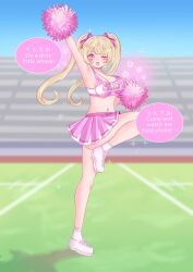 absurdres blonde_hair bow cheerleader crop_top female_only femsub happy_trance long_hair missmilkou original pink_eyes pink_sclera short_skirt sneakers text twintails