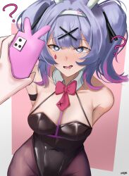 animal_ears arms_behind_back bare_shoulders blue_eyes blue_hair breasts bunny_ears bunny_girl bunnysuit cleavage dazed drool eroborne facial_markings fake_animal_ears femsub hair_ornament hair_ribbon heart_eyes high_heels hypnotic_screen large_breasts miku_hatsune multicolored_hair navel open_mouth pantyhose phone rabbit_hole_(vocaloid) ribbon signature simple_background symbol_in_eyes tie twintails vocaloid