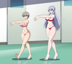  absurdres ayame_himuro barefoot bra breasts_outside dlobo777 empty_eyes expressionless femsub hana_uzaki large_breasts long_hair multiple_girls multiple_subs panties purple_hair science_fell_in_love_so_i_tried_to_prove_it short_hair uzaki-chan_wants_to_hang_out! zombie_walk 