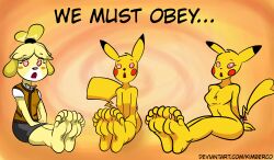 absurdres animal_crossing animals_only barefoot blonde_hair bondage bottomless breasts dog_girl expressionless feet femsub foot_focus furry isabelle_(animal_crossing) kimberco malesub nintendo open_mouth pikachu pokemon spiral_eyes symbol_in_eyes text