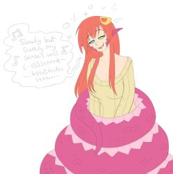  breasts cleavage coils femsub happy_trance hypnotic_audio hypnotic_music kaa_eyes large_breasts long_hair miia_(monster_musume) monster_girl monster_musume naga_girl plsgts red_hair self_coil self_hypnosis simple_background singing sleeping sleepy snake_girl snoring sweater text white_background 
