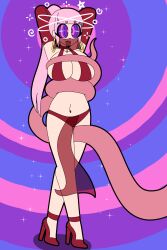  alternate_costume androgynous_dom arms_above_head breasts cartoonzombie cleavage coils defeated drool earrings femsub harem_outfit high_heels kotone_kazairo large_breasts pink_hair rpg_real_estate see-through sparkle spiralwash_eyes symbol tongue tongue_out veil very_long_hair 