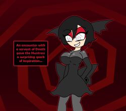 aged_up alternate_costume bow cleavage cosplay dress english_text eyebrows_visible_through_hair eyeshadow female_only femsub goth grey_eyes hair_ribbon halloween hand_on_hip happy_trance hypnoscream large_breasts large_hips looking_at_viewer maka_albarn multicolored_hair opera_gloves pantyhose red_background ruby_rose rwby see-through short_hair smile solo soul_eater spiral_background standing text