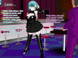 3d boots cleavage corset cyan_hair earrings fingerless_gloves flamekin goth high_heels large_breasts leather makeup nail_polish piercing short_hair skirt text transgender yellow_eyes