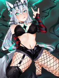 absurdres ahoge alternate_costume arm_warmers bare_shoulders black_nail_polish body_markings bra breasts bri_bri cleavage control_indicator corruption crossover crown eye_color_change femsub fishnets fox_ears fubuki_shirakami glowing_eyes green_eyes hololive kneeling league_of_legends maledom midriff nail_polish navel posed posing possession ruination sitting smoke tongue tongue_out very_long_hair viego_(league_of_legends) virtual_youtuber white_hair