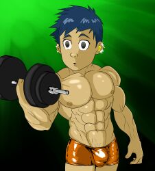  abs absurdres big_muscles bike_shorts blue_hair digimon earbuds empty_eyes erection erection_under_clothes exercise expressionless flexing henry_wong hypnotic_audio male_only malesub muscle_boy open_mouth rutilus short_hair solo topless weightlifting 