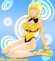android_18 antenna blonde_hair breasts dragon_ball expressionless female_only femsub hypnotic_accessory jimryu kneeling large_breasts short_hair solo spiral_eyes symbol_in_eyes tech_control