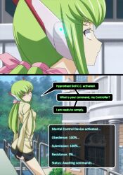  aliensdideverything_(manipper) bangs before_and_after breasts c.c. code_geass dialogue female_only femsub glowing green_hair long_hair manip school_uniform sitting small_breasts speech_bubble tech_control text whitewash_eyes 