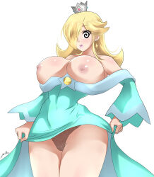 blonde_hair blush breasts cleavage crown dress female_only femsub frostbyte_(manipper) hair_covering_one_eye jewelry large_breasts manip nintendo open_mouth princess princess_rosalina spiral_eyes super_mario_bros. symbol_in_eyes topless underwear