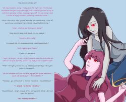  adventure_time black_hair caption consensual drool expressionless fangcovenly femdom femsub glowing glowing_eyes gradient_text hypnotic_eyes long_hair lying manip marceline open_mouth pink_hair princess_bubblegum red_eyes text vampire vorp_(manipper) wholesome yuri 