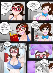 book bow_tie brown_hair cleavage comic crop_top dialogue glasses kobi94 lab_coat large_breasts long_hair remote_control spiral text