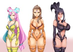  absurdres black_hair blue_hair brown_hair cleavage dendra_(pokemon) empty_eyes female_only femsub happy_trance hevn iono_(pokemon) large_breasts long_hair microchip multicolored_hair multiple_girls multiple_subs navel nintendo open_mouth pink_hair pokemon pokemon_scarlet_and_violet professor_sada small_breasts standing standing_at_attention tech_control thighhighs twintails 
