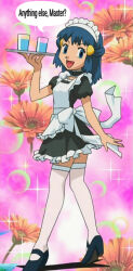  anonymous828_(manipper) blue_eyes blue_hair dawn empty_eyes happy_trance maid maid_headdress manip nintendo pokemon pokemon_(anime) speech_bubble text tray 
