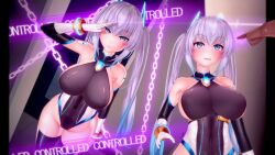  3d before_and_after blue_eyes blush celestia_quartz chains cuffs dazed femsub gloves glowing grey_hair heavy_eyelids high_heels koikatsu! large_breasts leotard maledom moawi1 multicolored_hair opera_gloves saluting standing standing_at_attention text thigh_boots thighhighs twintails 