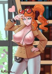 absurdres aestheticc-meme breasts breasts_outside female_only femsub glasses hand_on_hip happy_trance heart icontrol_(manipper) large_breasts looking_at_viewer manip nintendo nipples open_clothes orange_hair pokemon pokemon_sword_and_shield side_ponytail smile solo sonia_(pokemon) spiral_eyes symbol_in_eyes