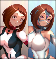 before_and_after bodysuit breast_expansion breasts brown_hair corruption evil_smile femsub gloves hadant large_breasts mask my_hero_academia ochaco_uraraka opera_gloves sequence smile tagme