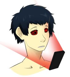 black_hair cell_phone collarbone hypnotic_screen male_only malesub mishima_yuuki mr.h open_mouth persona_(series) persona_5 phone short_hair simple_background solo symbol_in_eyes tech_control white_background