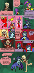  blonde_hair blue_hair bug_girl comic empty_eyes expressionless femdom glowing glowing_eyes long_hair magic multiple_legs mythkaz original ponytail purple_hair red_eyes shantae shantae_(series) spider_girl standing standing_at_attention text transformation turning_the_tables vampire wings 