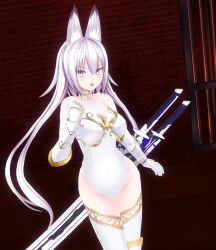  3d 3d_custom_girl animal_ears bare_shoulders before_and_after breasts cleavage cleavage_cutout female_only femsub gloves large_breasts leotard light_skin setonoyorimiti solo sword thighhighs thighs very_long_hair weapon white_eyes white_hair 