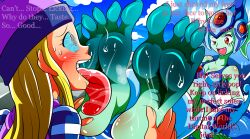  blush dialogue digimon digimon_frontier english_text eyyoburgerking_(manipper) feet foot_focus foot_licking furry iruden licking ranamon resisting spiral_eyes yuri zoe_orimoto 