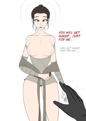  absurdres breasts brown_hair dialogue drool empty_eyes english_text expressionless female_only femsub jedi_mind_trick large_breasts nexus_light open_mouth panties rey_(star_wars) short_hair star_wars text topless underwear undressing undressing_command 