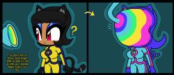  alternate_color_scheme androgynous androgynous_dom before_and_after black_hair blue_hair breasts cat_ears cat_girl cleavage deltarune female_only hypno-scream leather makeup original red_eyes short_hair solo tail tentacles text transformation werewire western 