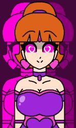arle arm_bands bare_shoulders bracelet choker collarbone earrings eyebrows_visible_through_hair female_only femsub happy_trance heart_eyes hypnoscream hypnotic_accessory jewelry large_breasts orange_hair pink_eyes ponytail purple_background puyo_puyo simple_background smile solo