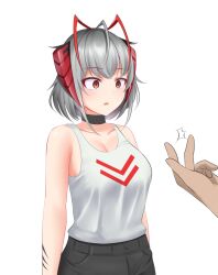  arknights bare_shoulders clothed empty_eyes expressionless femsub finger_snap grey_hair horns large_breasts maozi_dan open_mouth red_eyes short_hair tank_top trigger w_(arknights) 